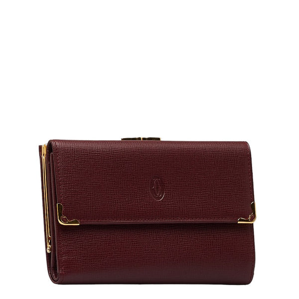 カルティエ マストライン がま口 ゴールド金具 三つ折り財布 ボルドー ワインレッド レザー レディース CARTIER 【中古】