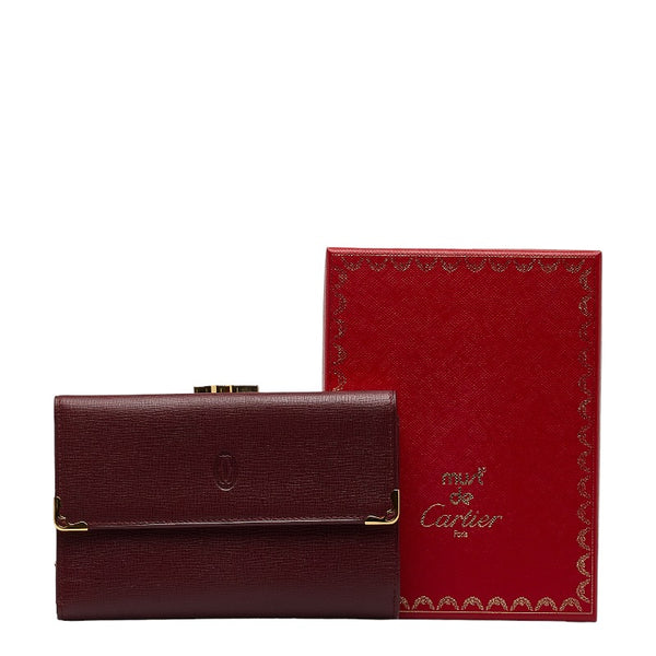 カルティエ マストライン がま口 ゴールド金具 三つ折り財布 ボルドー ワインレッド レザー レディース CARTIER 【中古】