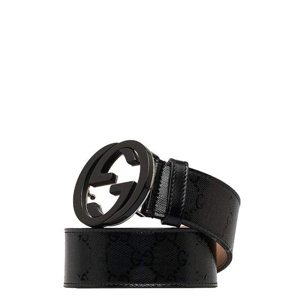 グッチ インターロッキングG GGインプリメ バックル ベルト ブラック PVC レザー メンズ GUCCI 【中古】
