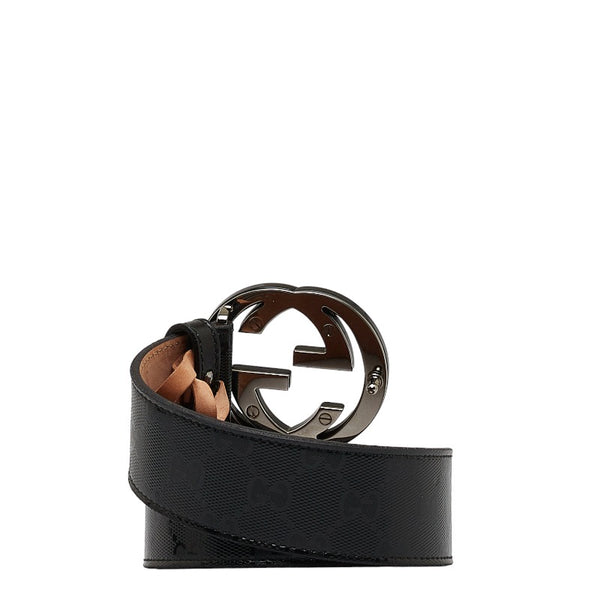 グッチ インターロッキングG GGインプリメ バックル ベルト ブラック PVC レザー メンズ GUCCI 【中古】