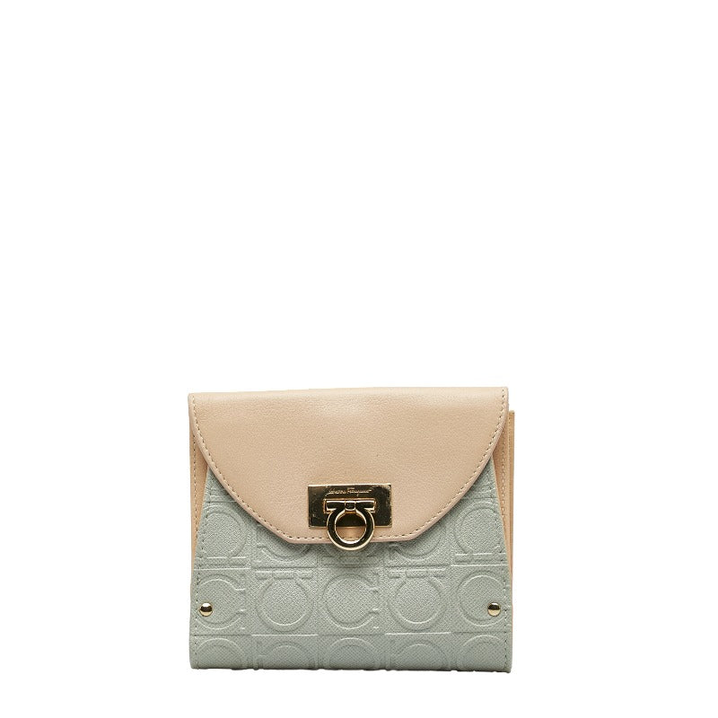 サルヴァトーレフェラガモ ガンチーニ 二つ折り財布 コンパクトウォレット AQ-22 4664 グレー ピンク PVC レザー レディース Salvatore Ferragamo 【中古】