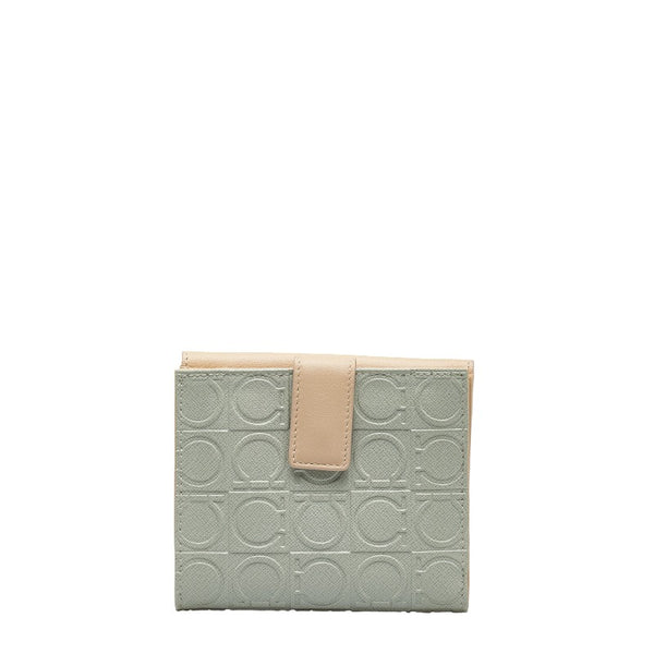 サルヴァトーレフェラガモ ガンチーニ 二つ折り財布 コンパクトウォレット AQ-22 4664 グレー ピンク PVC レザー レディース Salvatore Ferragamo 【中古】