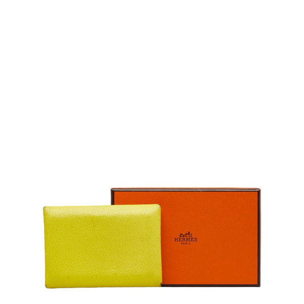 エルメス カルヴィ デュオ 名刺入れ カードケース コインケース ライム イエロー シェーブル レディース HERMES 【中古】