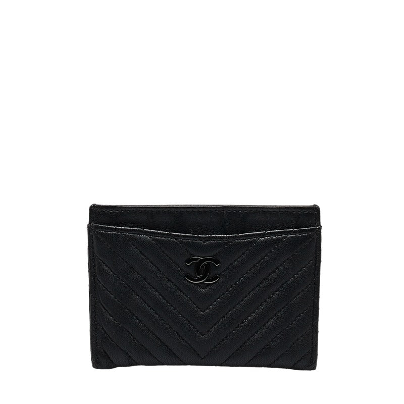 シャネル Vステッチ カードケース ブラック ラムスキン レディース CHANEL 【中古】