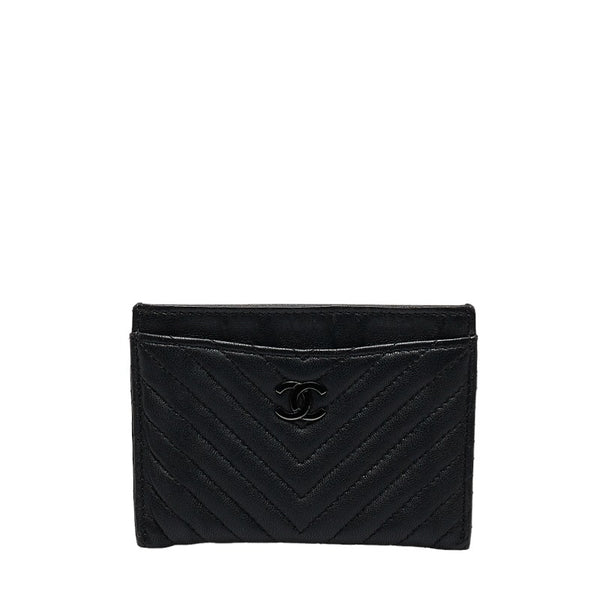 シャネル Vステッチ カードケース ブラック ラムスキン レディース CHANEL 【中古】