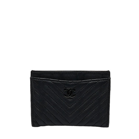 シャネル Vステッチ カードケース ブラック ラムスキン レディース CHANEL 【中古】
