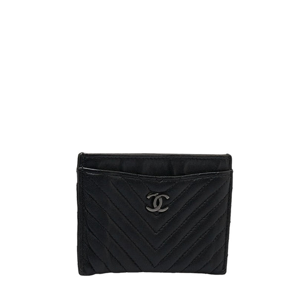 シャネル Vステッチ カードケース ブラック ラムスキン レディース CHANEL 【中古】