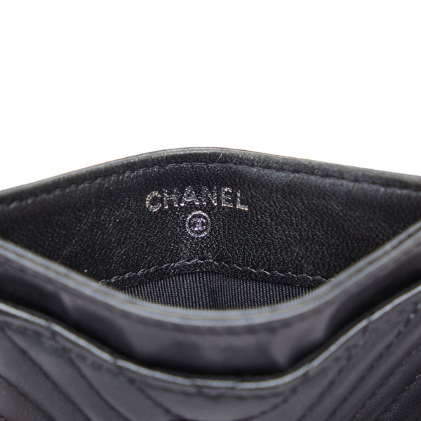 シャネル Vステッチ カードケース ブラック ラムスキン レディース CHANEL 【中古】