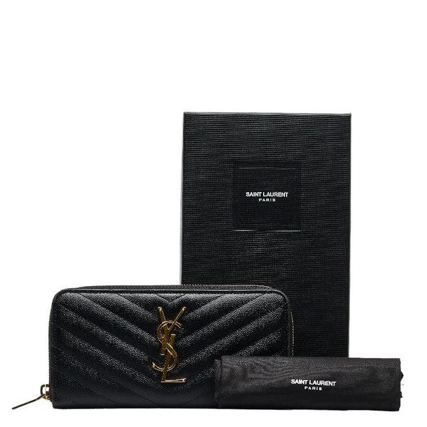 サンローラン モノグラム カサンドラ キルティング  ラウンドファスナー 長財布 358094 ブラック キャビアスキン レディース SAINT LAURENT 【中古】