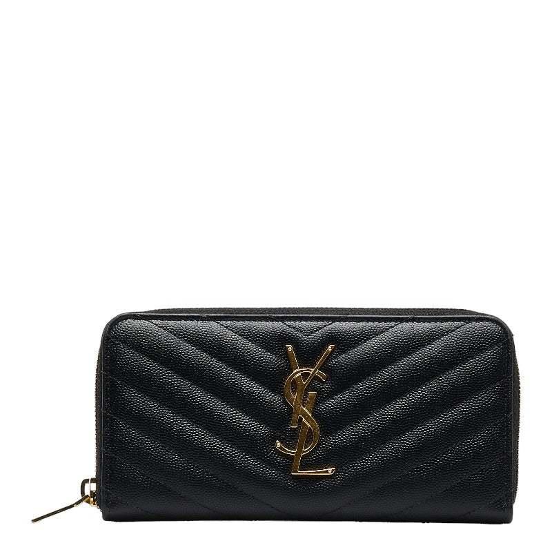サンローラン モノグラム カサンドラ キルティング  ラウンドファスナー 長財布 358094 ブラック キャビアスキン レディース SAINT LAURENT 【中古】