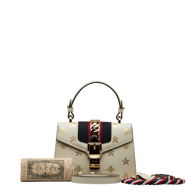 グッチ シルヴィ BEE STAR ミニ ハンドバッグ ショルダーバッグ 2WAY 470270 ホワイト ゴールド レザー レディース GUCCI 【中古】