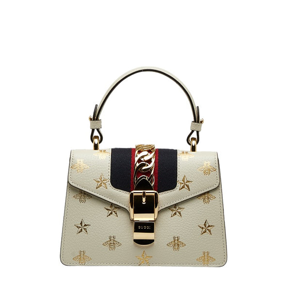 グッチ シルヴィ BEE STAR ミニ ハンドバッグ ショルダーバッグ 2WAY 470270 ホワイト ゴールド レザー レディース GUCCI 【中古】