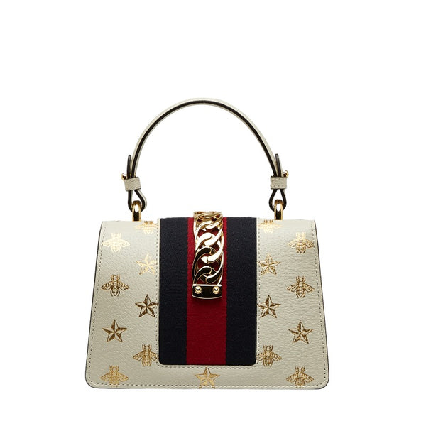 グッチ シルヴィ BEE STAR ミニ ハンドバッグ ショルダーバッグ 2WAY 470270 ホワイト ゴールド レザー レディース GUCCI 【中古】