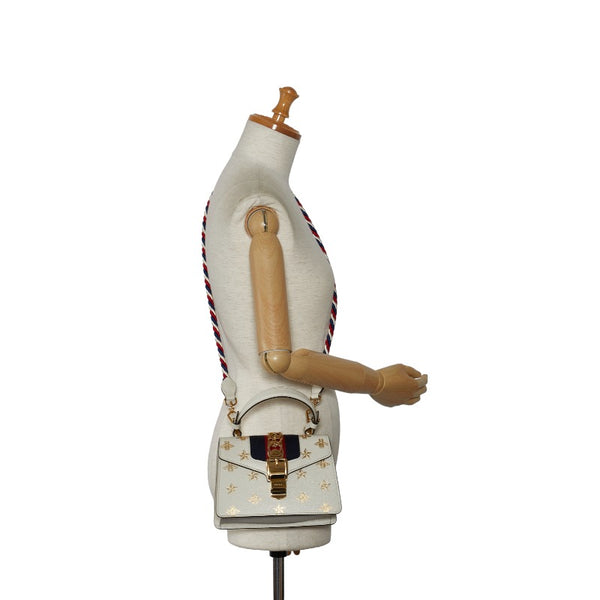 グッチ シルヴィ BEE STAR ミニ ハンドバッグ ショルダーバッグ 2WAY 470270 ホワイト ゴールド レザー レディース GUCCI 【中古】