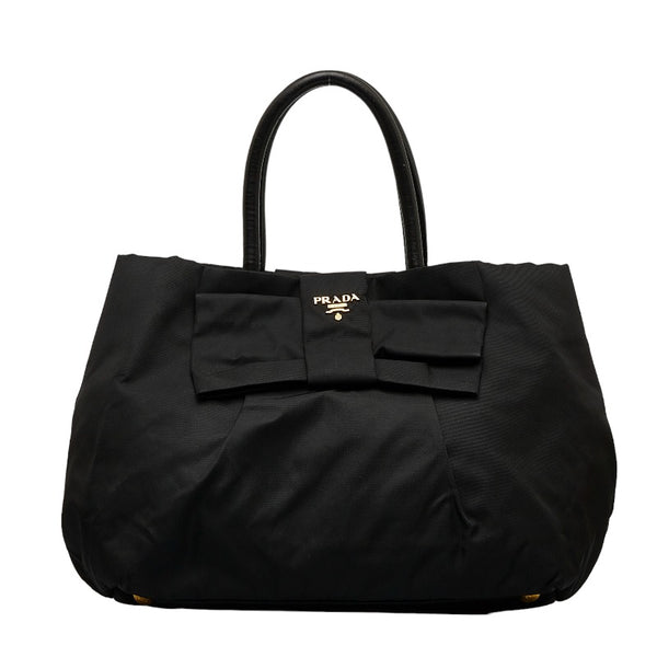 プラダ ロゴ ハンドバッグ トートバッグ ブラック ナイロン レザー レディース PRADA 【中古】