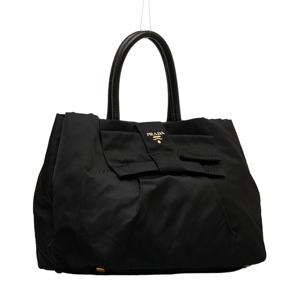 プラダ ロゴ ハンドバッグ トートバッグ ブラック ナイロン レザー レディース PRADA 【中古】