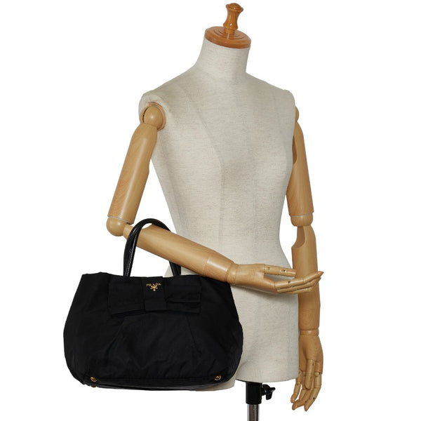 プラダ ロゴ ハンドバッグ トートバッグ ブラック ナイロン レザー レディース PRADA 【中古】