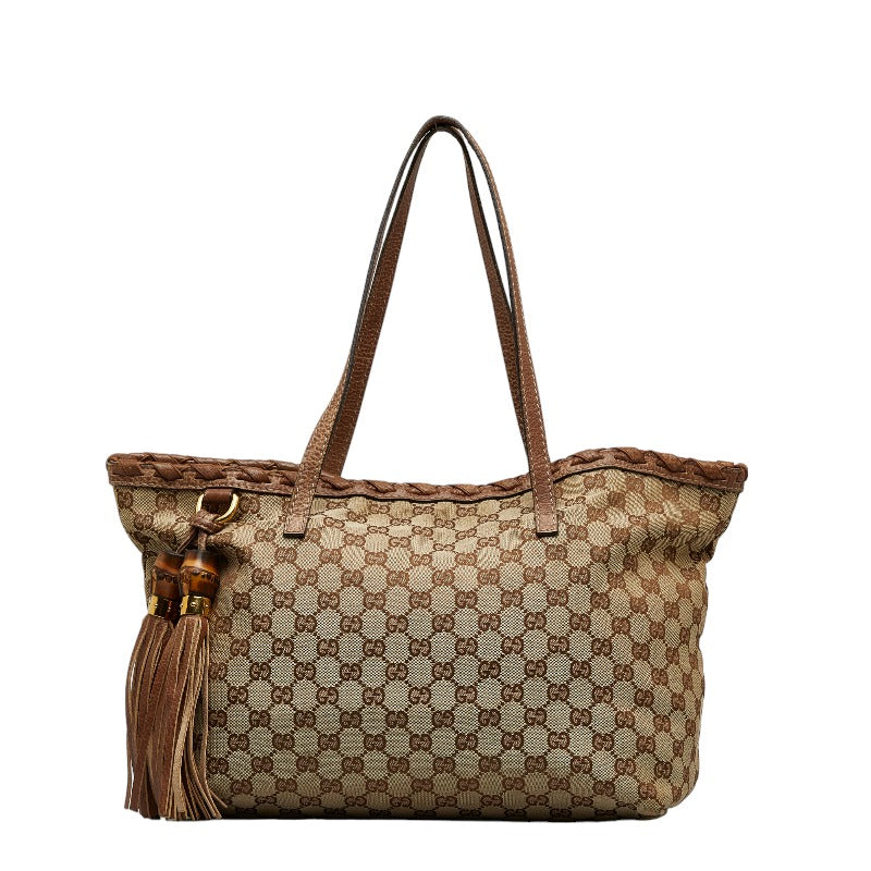 グッチ GGキャンバス バンブータッセル ショルダーバッグ トートバッグ 218780 ベージュ ブラウン キャンバス レザー レディース GUCCI 【中古】