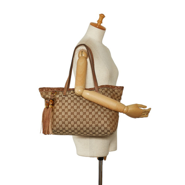 グッチ GGキャンバス バンブータッセル ショルダーバッグ トートバッグ 218780 ベージュ ブラウン キャンバス レザー レディース GUCCI 【中古】