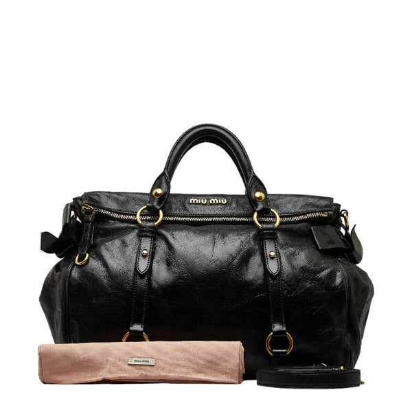 ミュウミュウ リボンモチーフ ボストンバッグ ショルダーバッグ 2WAY ブラック レザー レディース MIUMIU 【中古】