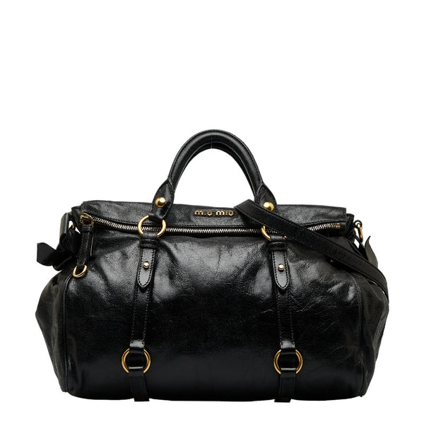 ミュウミュウ リボンモチーフ ボストンバッグ ショルダーバッグ 2WAY ブラック レザー レディース MIUMIU 【中古】