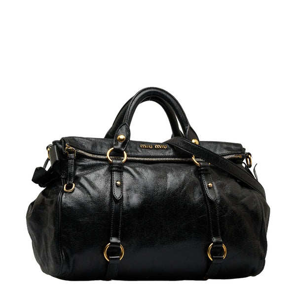 ミュウミュウ リボンモチーフ ボストンバッグ ショルダーバッグ 2WAY ブラック レザー レディース MIUMIU 【中古】