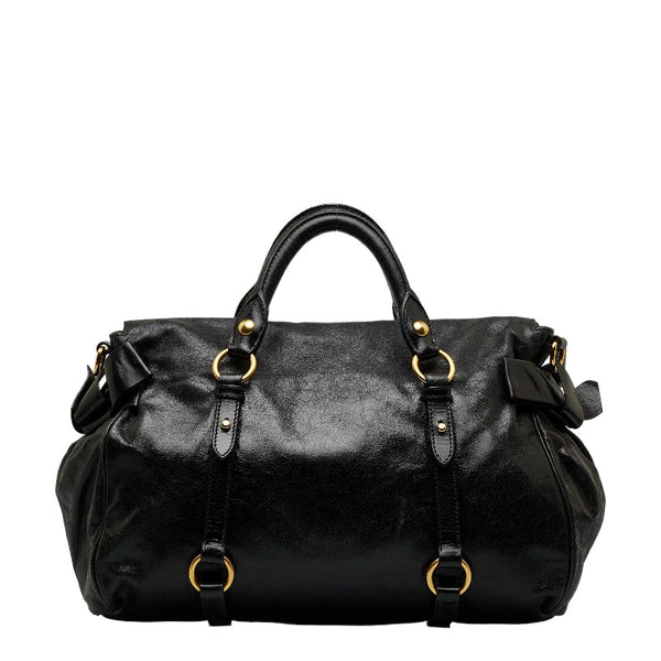 ミュウミュウ リボンモチーフ ボストンバッグ ショルダーバッグ 2WAY ブラック レザー レディース MIUMIU 【中古】