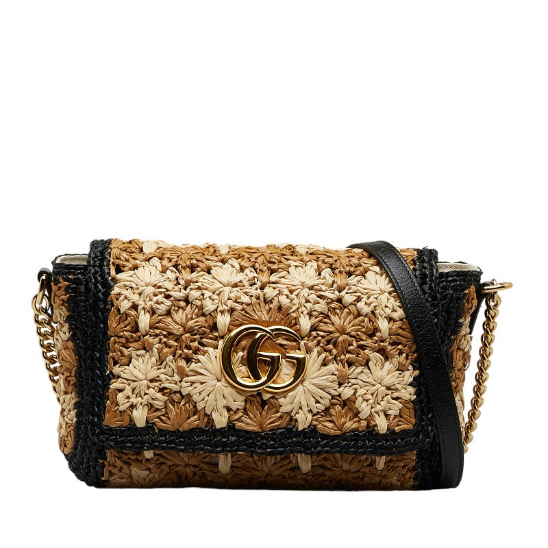 グッチ GGマーモント 斜め掛け チェーン ショルダーバッグ 574433 ベージュ マルチカラー ラフィア レザー レディース GUCCI 【中古】