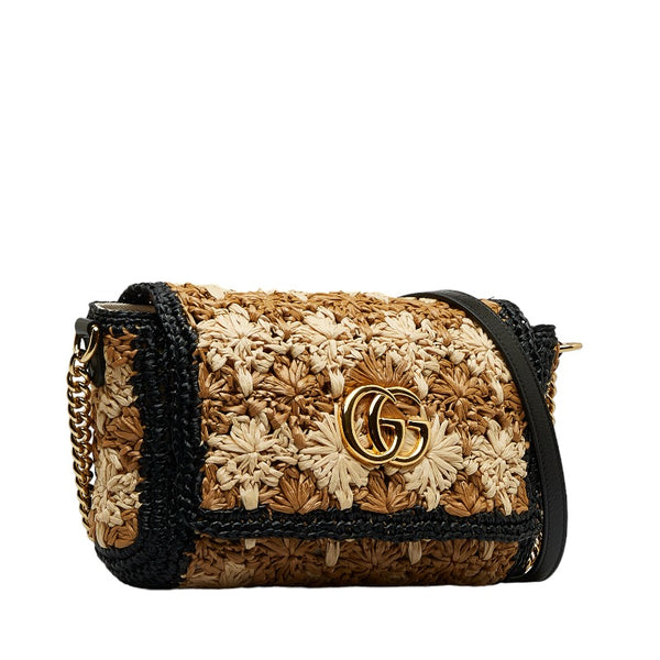 グッチ GGマーモント 斜め掛け チェーン ショルダーバッグ 574433 ベージュ マルチカラー ラフィア レザー レディース GUCCI 【中古】