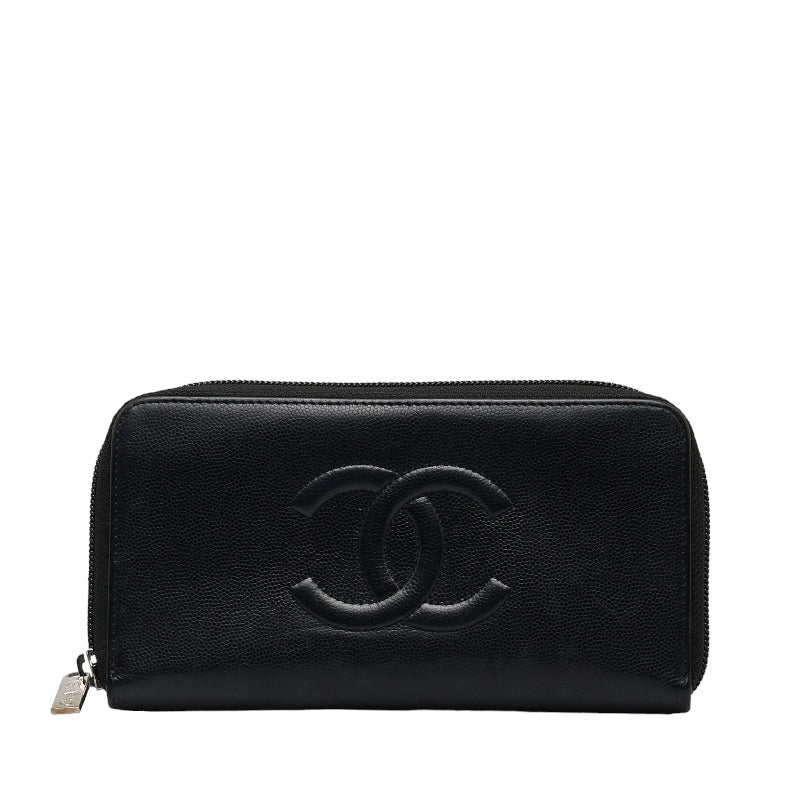 シャネル ココマーク ラウンドファスナー 長財布 ブラック キャビアスキン レディース CHANEL 【中古】