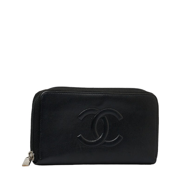 シャネル ココマーク ラウンドファスナー 長財布 ブラック キャビアスキン レディース CHANEL 【中古】