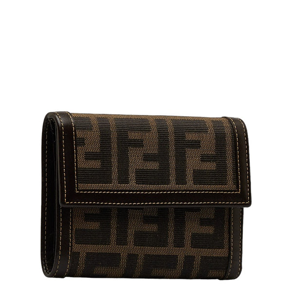 フェンディ ズッカ 二つ折り財布 コンパクトウォレット 2277 ブラウン キャンバス レザー レディース FENDI 【中古】