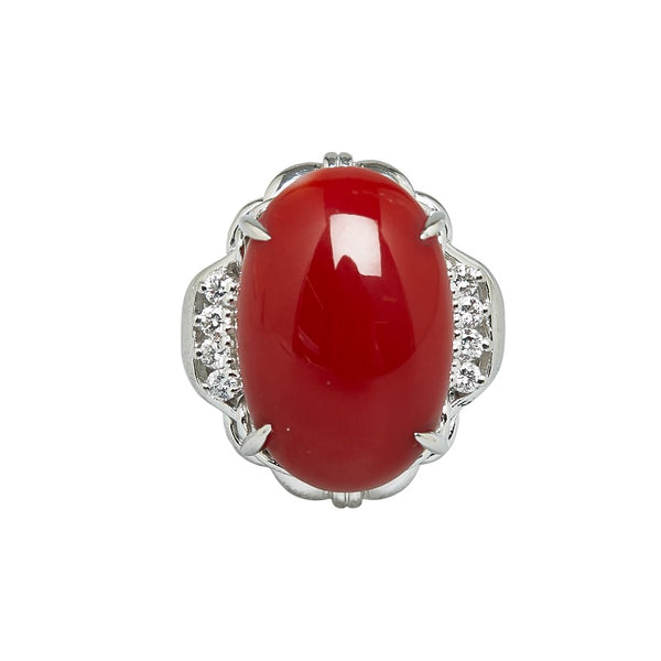 Pt900 プラチナ 珊瑚 ダイヤ0.172ct リング 指輪 レディース 9.5号 【中古】