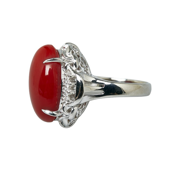 Pt900 プラチナ 珊瑚 ダイヤ0.172ct リング 指輪 レディース 9.5号 【中古】