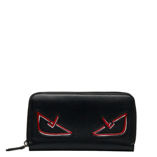 フェンディ モンスター バグズアイ ラウンドファスナー 長財布 7M0210 ブラック レッド レザー レディース FENDI 【中古】