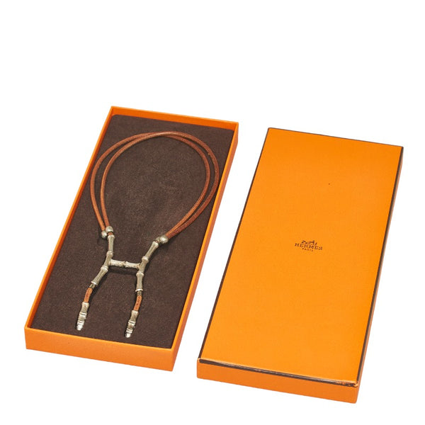 エルメス バンブーアッシュホルター ネックレス シルバー ブラウン レザー メタル レディース HERMES 【中古】