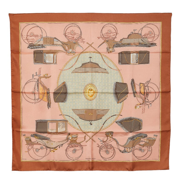 エルメス カレ90 LES VOITURES A TRANSFORMATION 折畳み式幌の馬 スカーフ ピンク シルク レディース HERMES 【中古】