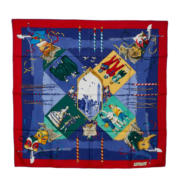 エルメス カレ90 LE CARNAVAL DE VENISE ヴェニスのカーニバル スカーフ ブルー マルチカラー シルク レディース HERMES 【中古】