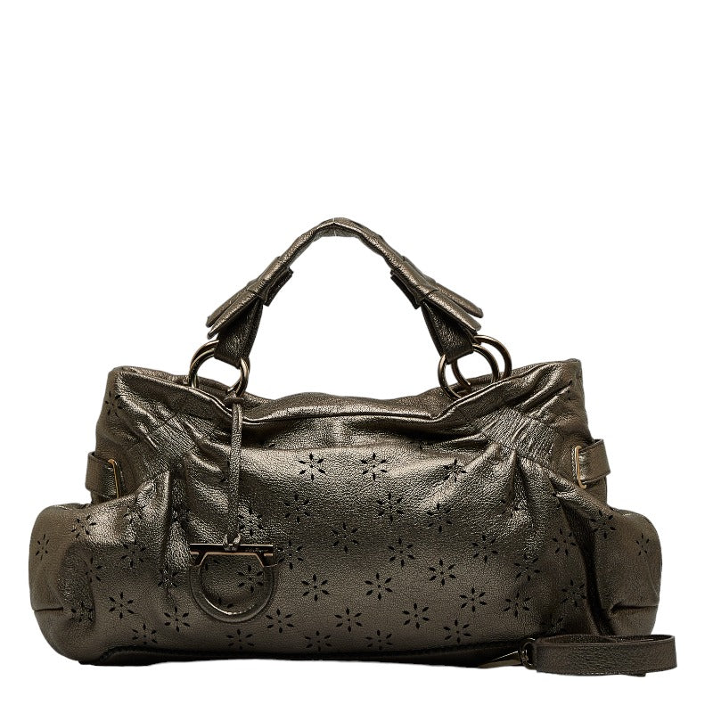 サルヴァトーレフェラガモ ガンチーニ フラワー パンチング ハンドバッグ ショルダーバッグ 2WAY メタリック ブラウン レザー レディース Salvatore Ferragamo 【中古】