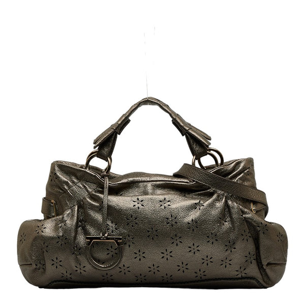 サルヴァトーレフェラガモ ガンチーニ フラワー パンチング ハンドバッグ ショルダーバッグ 2WAY メタリック ブラウン レザー レディース Salvatore Ferragamo 【中古】