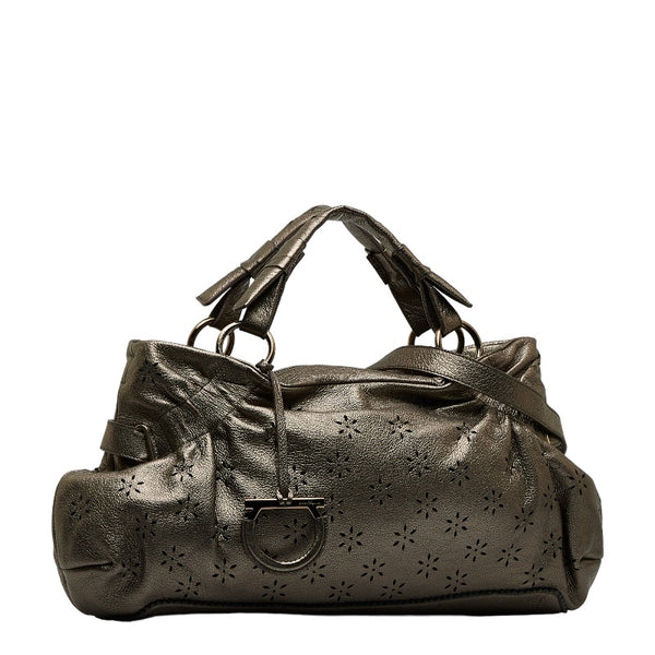 サルヴァトーレフェラガモ ガンチーニ フラワー パンチング ハンドバッグ ショルダーバッグ 2WAY メタリック ブラウン レザー レディース Salvatore Ferragamo 【中古】