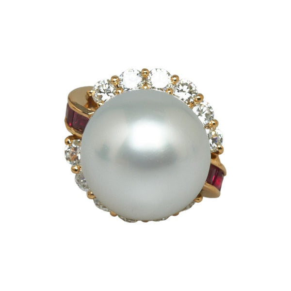 イエローゴールド ダイヤ0.77ct 白蝶真珠12.3mm ルビー0.43ct リング 指輪 レディース 11.5号 【中古】