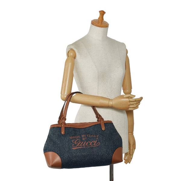 グッチ クラフトデニムトート ロゴ ハンドバッグ ショルダーバッグ 348715 インディゴブルー ブラウン キャンバス レザー レディース GUCCI 【中古】