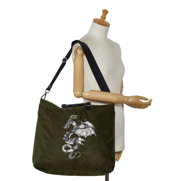 プラダ ドラゴン 龍 スタッズ ハンドバッグ ショルダーバッグ 2WAY カーキ ブラック ナイロン レザー レディース PRADA 【中古】