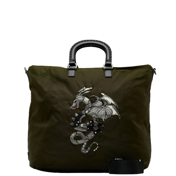 プラダ ドラゴン 龍 スタッズ ハンドバッグ ショルダーバッグ 2WAY カーキ ブラック ナイロン レザー レディース PRADA 【中古】
