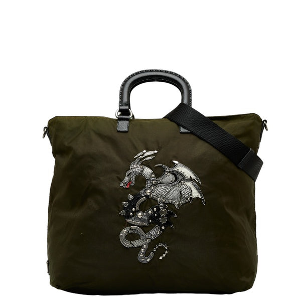 プラダ ドラゴン 龍 スタッズ ハンドバッグ ショルダーバッグ 2WAY カーキ ブラック ナイロン レザー レディース PRADA 【中古】