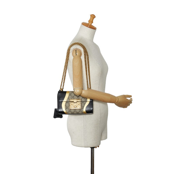 グッチ GGスプリーム パドロック チェーン ショルダーバッグ 432182 ブラック ゴールド ベージュ レザー レディース GUCCI 【中古】