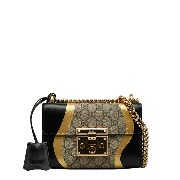 グッチ GGスプリーム パドロック チェーン ショルダーバッグ 432182 ブラック ゴールド ベージュ レザー レディース GUCCI 【中古】
