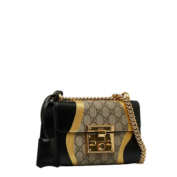 グッチ GGスプリーム パドロック チェーン ショルダーバッグ 432182 ブラック ゴールド ベージュ レザー レディース GUCCI 【中古】