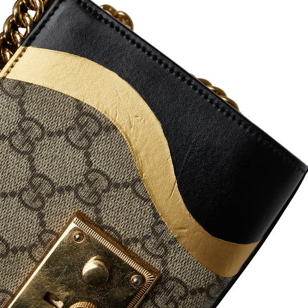 グッチ GGスプリーム パドロック チェーン ショルダーバッグ 432182 ブラック ゴールド ベージュ レザー レディース GUCCI 【中古】